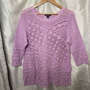 Plus Size Lavender Crochet Floral Knit Long Sleeve Crewneck Sweater Blouse Top